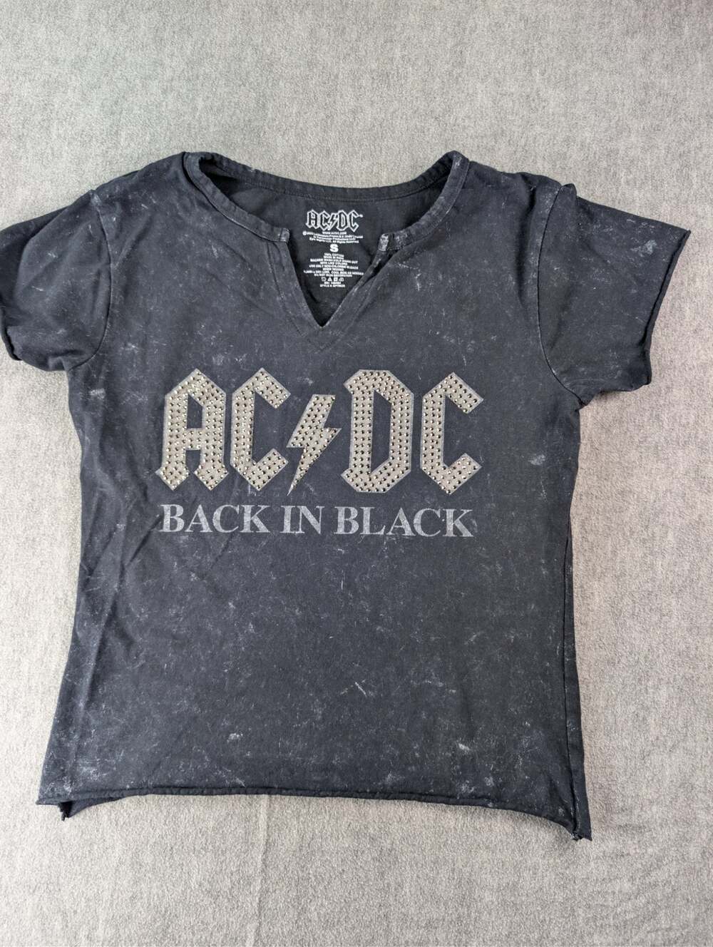 AC/DC Back in Black Rhinestone Baby Tee Black Distressed Rock Band S